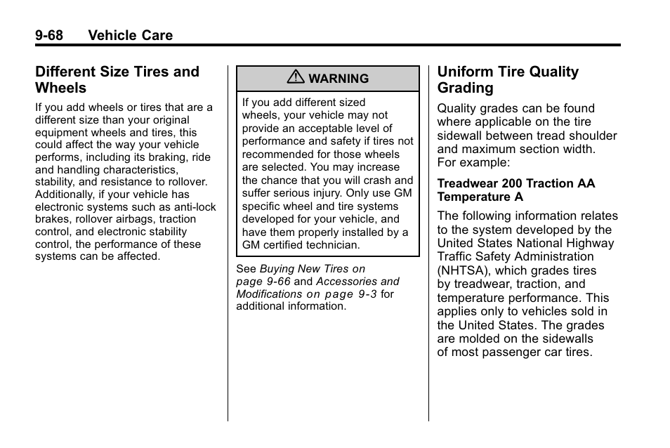 Different size tires and wheels, Uniform tire quality grading, Different size tires and | Wheels -68, Uniform tire quality, Grading -68 | Buick 2010 Lacrosse User Manual | Page 350 / 420