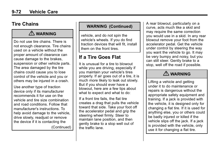 Tire chains, If a tire goes flat, Tire chains -72 if a tire goes flat -72 | Buick 2010 Lacrosse User Manual | Page 354 / 420