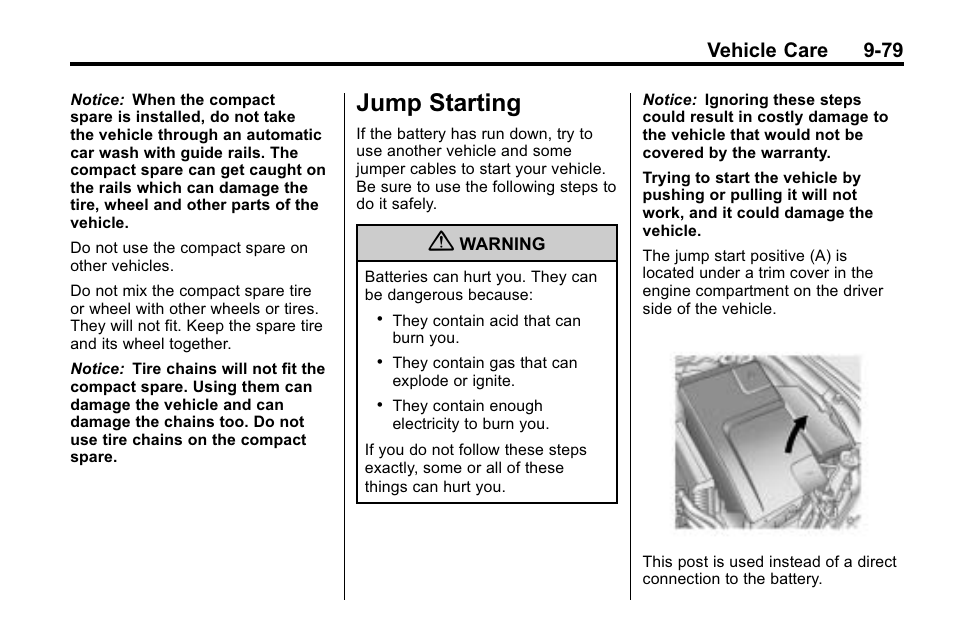 Jump starting, Jump starting -79, Vehicle care 9-79 | Buick 2010 Lacrosse User Manual | Page 361 / 420