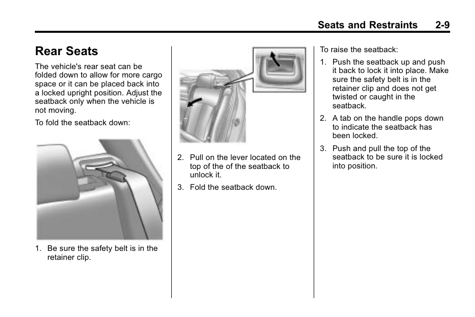Rear seats, Rear seats -9, Seats and restraints 2-9 | Buick 2010 Lacrosse User Manual | Page 37 / 420