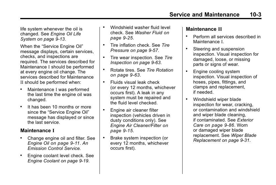 Service and maintenance 10-3, Maintenance i, Maintenance ii | Buick 2010 Lacrosse User Manual | Page 379 / 420