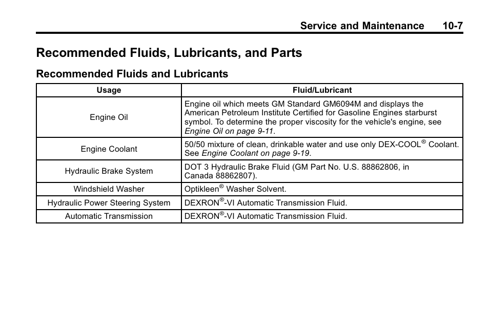 Recommended fluids, lubricants, and parts, Recommended fluids and lubricants, Recommended fluids | Lubricants, and parts -7, Recommended fluids and, Lubricants -7, Service and maintenance 10-7 | Buick 2010 Lacrosse User Manual | Page 383 / 420