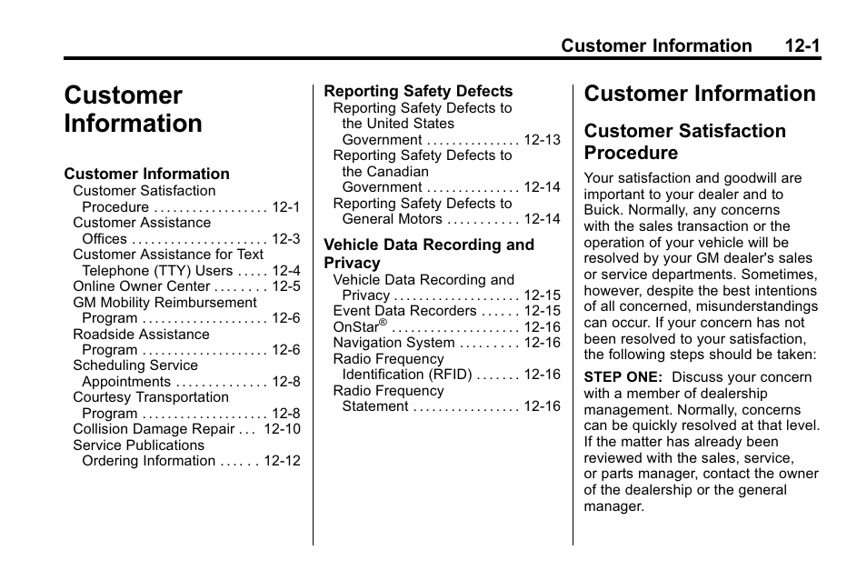 Customer information, Customer satisfaction procedure, Customer information -1 | Customer information 12-1 | Buick 2010 Lacrosse User Manual | Page 393 / 420