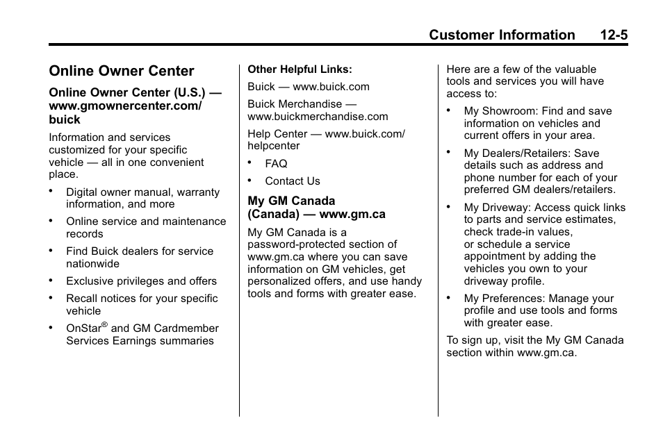 Online owner center, Online owner center -5, Customer information 12-5 | Buick 2010 Lacrosse User Manual | Page 397 / 420
