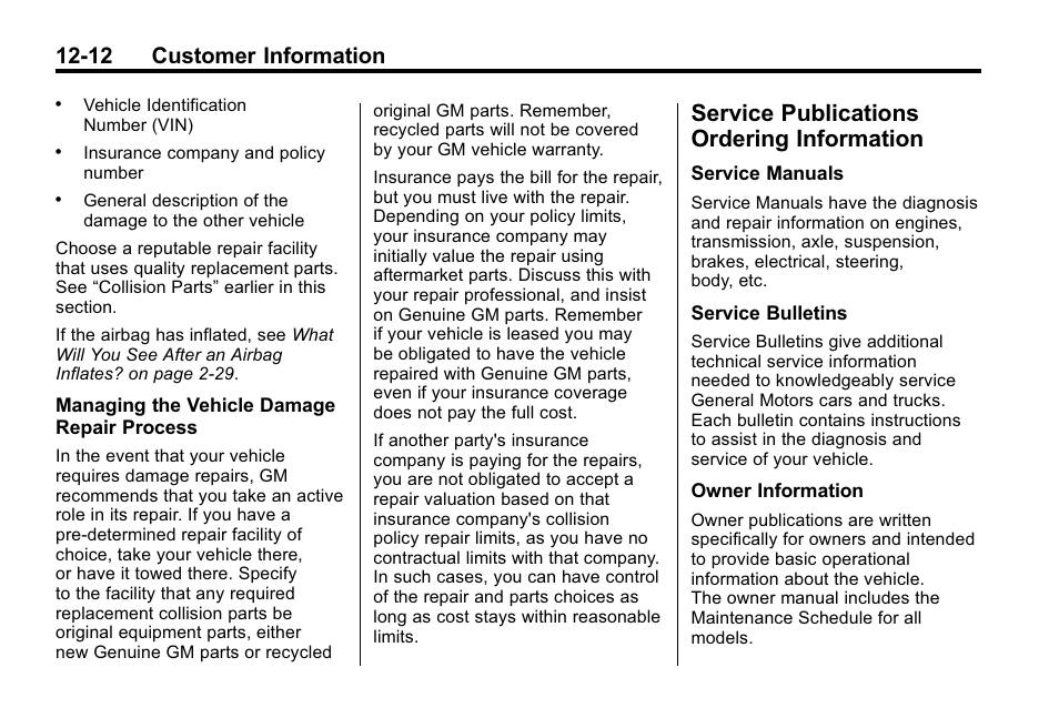 Service publications ordering information, Service publications, Ordering information -12 | 12 customer information | Buick 2010 Lacrosse User Manual | Page 404 / 420