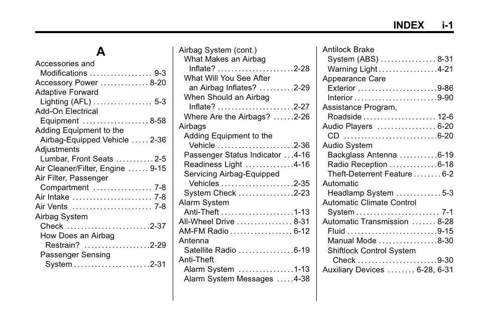 Index, Index_a, Index i-1 | Buick 2010 Lacrosse User Manual | Page 409 / 420