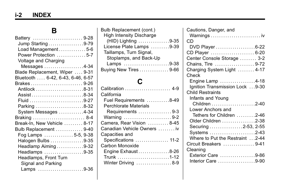 Index_b, Index_c, I-2 index | Buick 2010 Lacrosse User Manual | Page 410 / 420