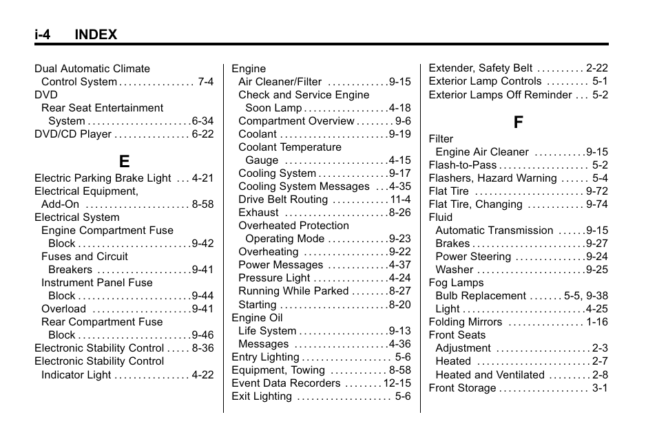 Index_e, Index_f, I-4 index | Buick 2010 Lacrosse User Manual | Page 412 / 420