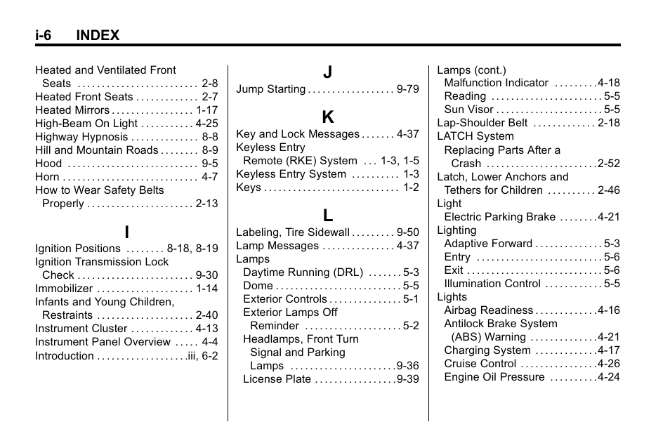Index_i, Index_j, Index_k | Index_l, I-6 index | Buick 2010 Lacrosse User Manual | Page 414 / 420