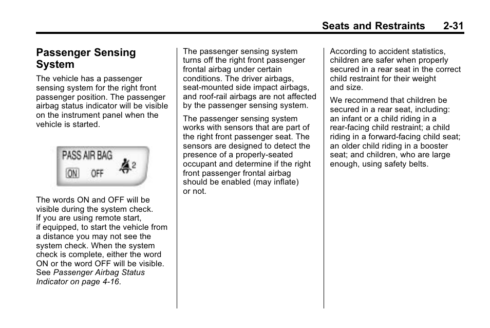 Passenger sensing system, Passenger sensing, System -31 | Buick 2010 Lacrosse User Manual | Page 59 / 420