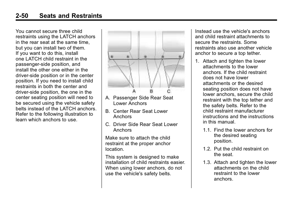 50 seats and restraints | Buick 2010 Lacrosse User Manual | Page 78 / 420
