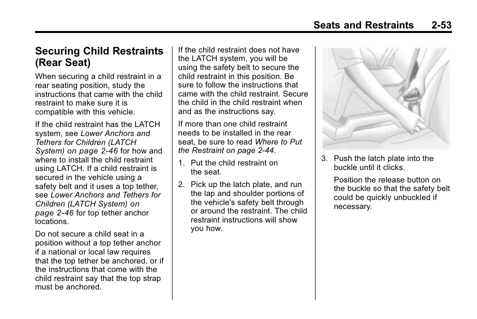 Securing child restraints (rear seat), Securing child restraints, Rear seat) -53 | Seats and restraints 2-53 | Buick 2010 Lacrosse User Manual | Page 81 / 420