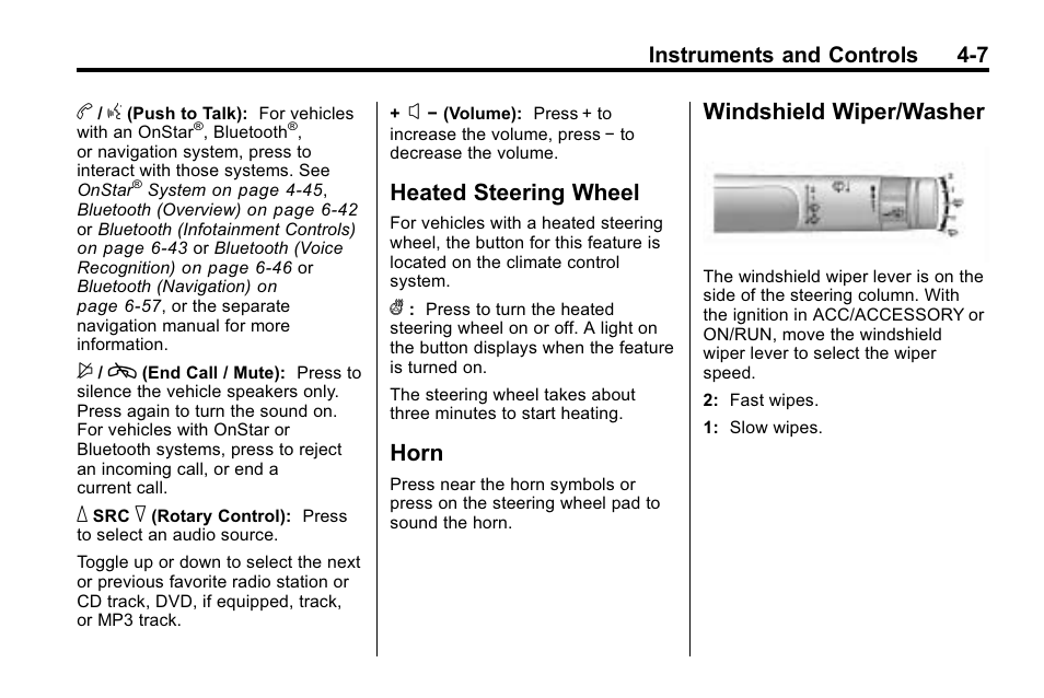 Heated steering wheel, Horn, Windshield wiper/washer | Windshield wiper/washer on, Instruments and controls 4-7 | Buick 2010 Lacrosse User Manual | Page 95 / 420