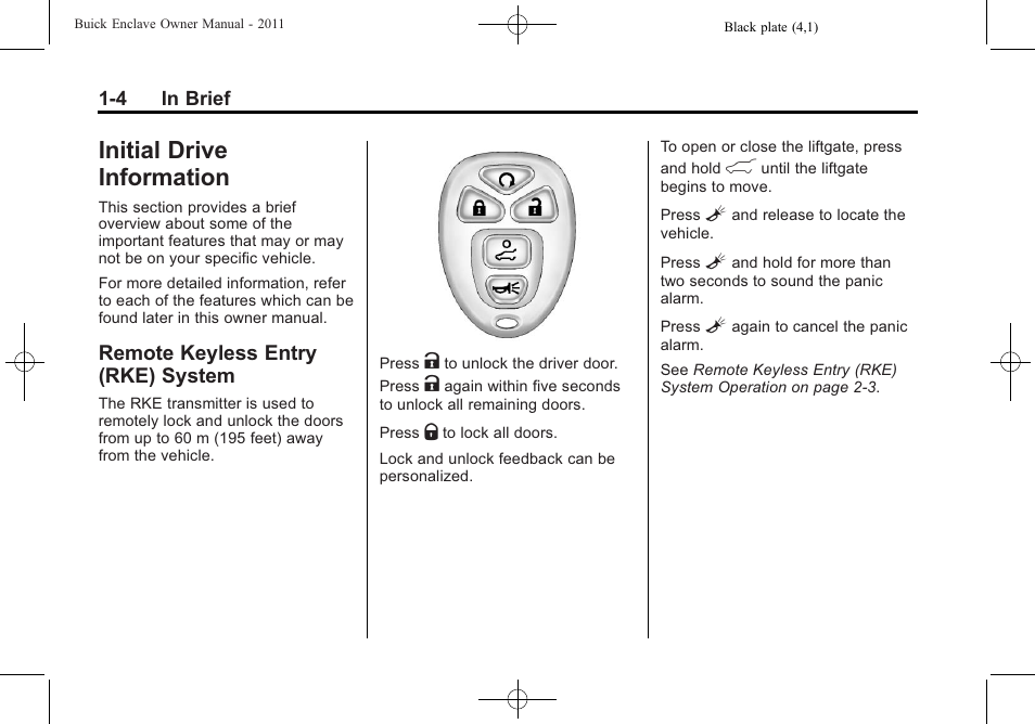 Initial drive information, Remote keyless entry (rke) system, Initial drive information -4 | Additional storage features -3, Radio, System -4 | Buick 2011 Enclave User Manual | Page 10 / 458