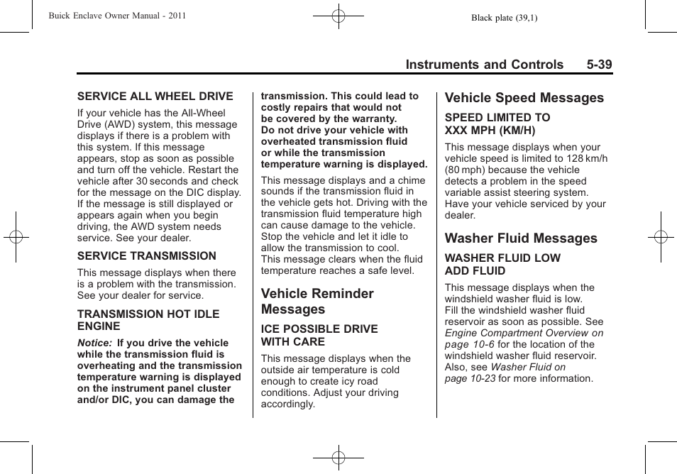 Vehicle reminder messages, Vehicle speed messages, Washer fluid messages | Vehicle reminder, Messages -39, Adjustment | Buick 2011 Enclave User Manual | Page 165 / 458