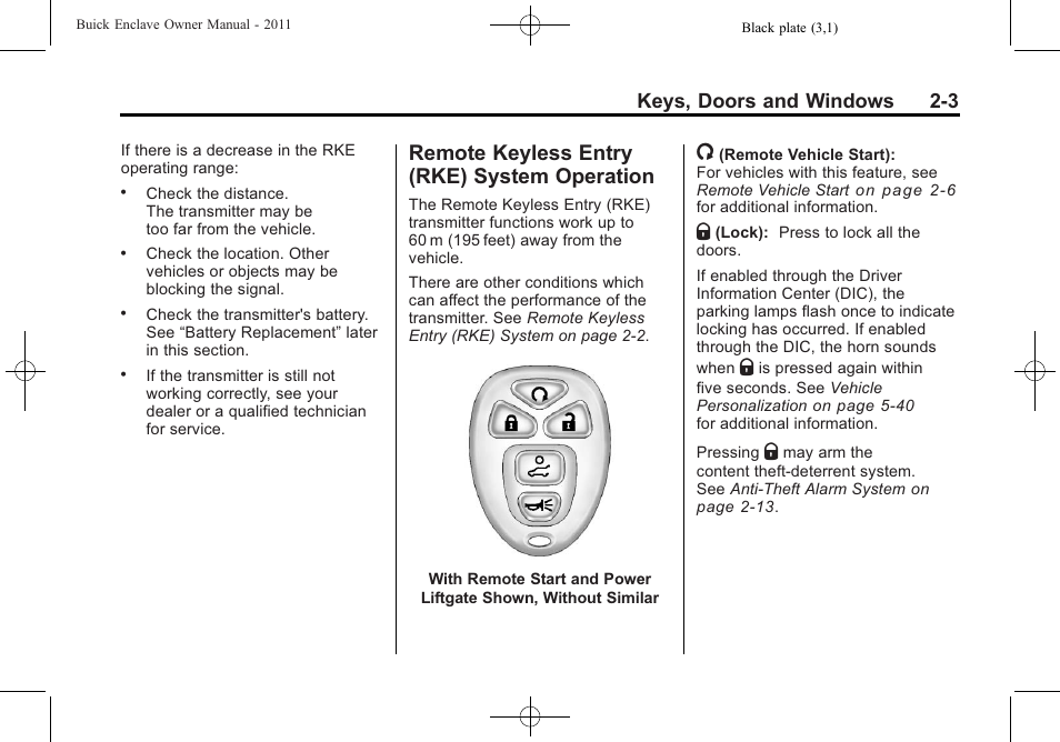 Remote keyless entry (rke) system operation, Remote keyless entry (rke), System operation -3 | Power, Keys, doors and windows 2-3 | Buick 2011 Enclave User Manual | Page 33 / 458