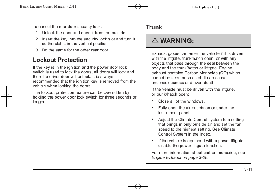 Lockout protection, Trunk, Lockout protection -11 trunk -11 | Running, Warning | Buick 2011 Lucerne User Manual | Page 117 / 446