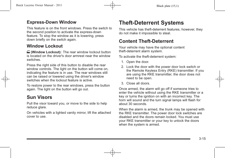 Sun visors, Theft-deterrent systems, Content theft-deterrent | Sun visors -15, Theft-deterrent systems -15, Content theft-deterrent -15, Park, Express-down window, Window lockout | Buick 2011 Lucerne User Manual | Page 121 / 446
