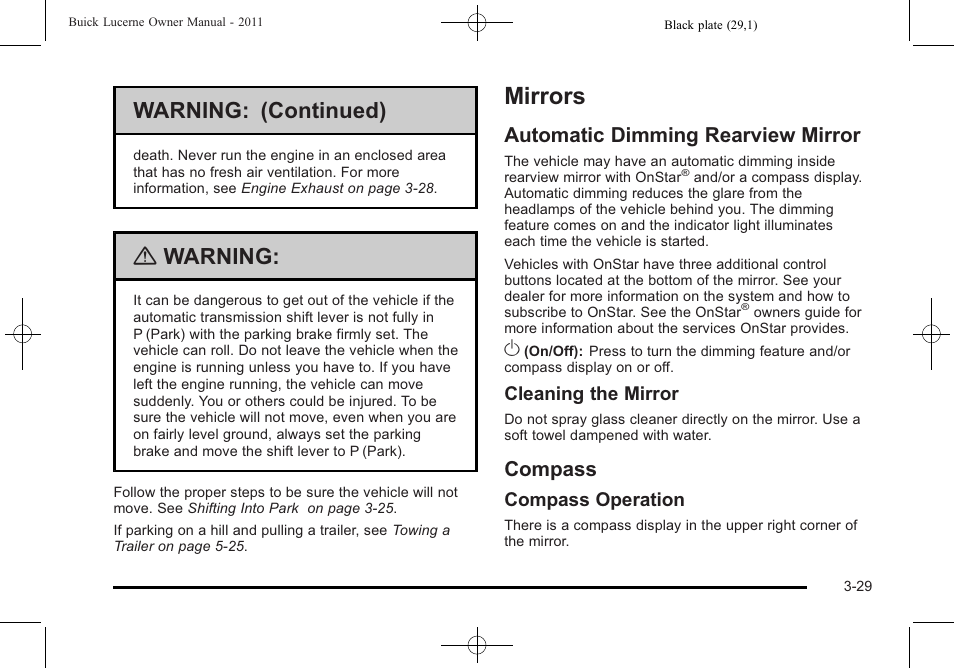 Mirrors, Automatic dimming rearview mirror, Compass | Mirrors -29, Automatic dimming rearview mirror -29 compass -29, Warning: (continued), Warning | Buick 2011 Lucerne User Manual | Page 135 / 446