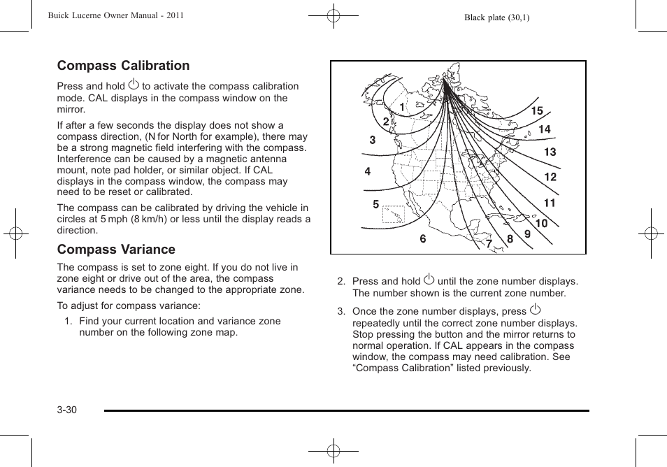 Compass calibration, Compass variance | Buick 2011 Lucerne User Manual | Page 136 / 446
