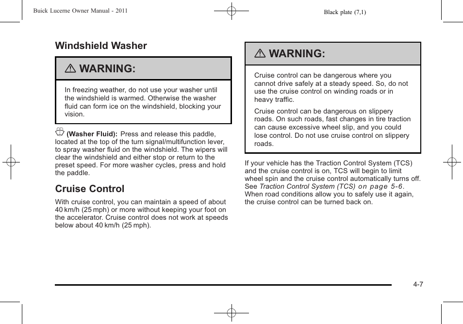 Windshield washer, Cruise control, Windshield washer -7 cruise control -7 | Warning | Buick 2011 Lucerne User Manual | Page 163 / 446
