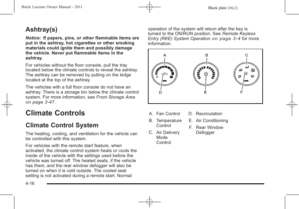 Ashtray(s), Climate controls, Climate control system | Climate controls -16, Tires, Ashtray(s) -16, Climate control system -16 | Buick 2011 Lucerne User Manual | Page 172 / 446