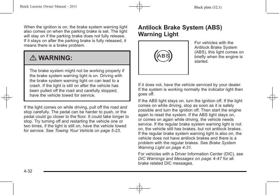 Antilock brake system (abs) warning light, Antilock brake system (abs) warning light -32, Warning | Buick 2011 Lucerne User Manual | Page 188 / 446