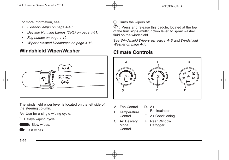 Windshield wiper/washer, Climate controls, Windshield wiper/washer -14 climate controls -14 | Buick 2011 Lucerne User Manual | Page 20 / 446