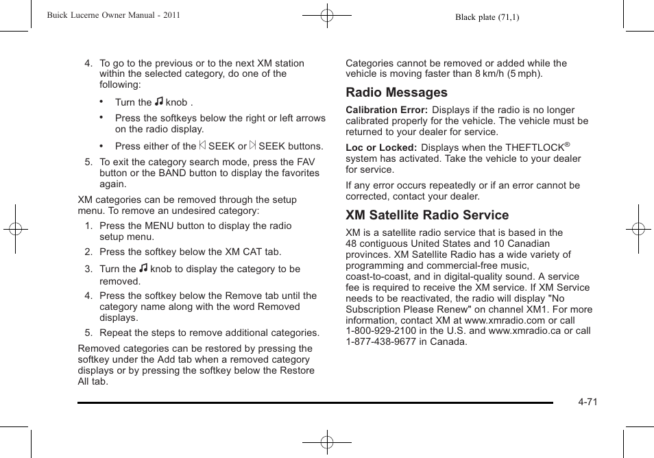 Radio messages, Xm satellite radio service | Buick 2011 Lucerne User Manual | Page 227 / 446