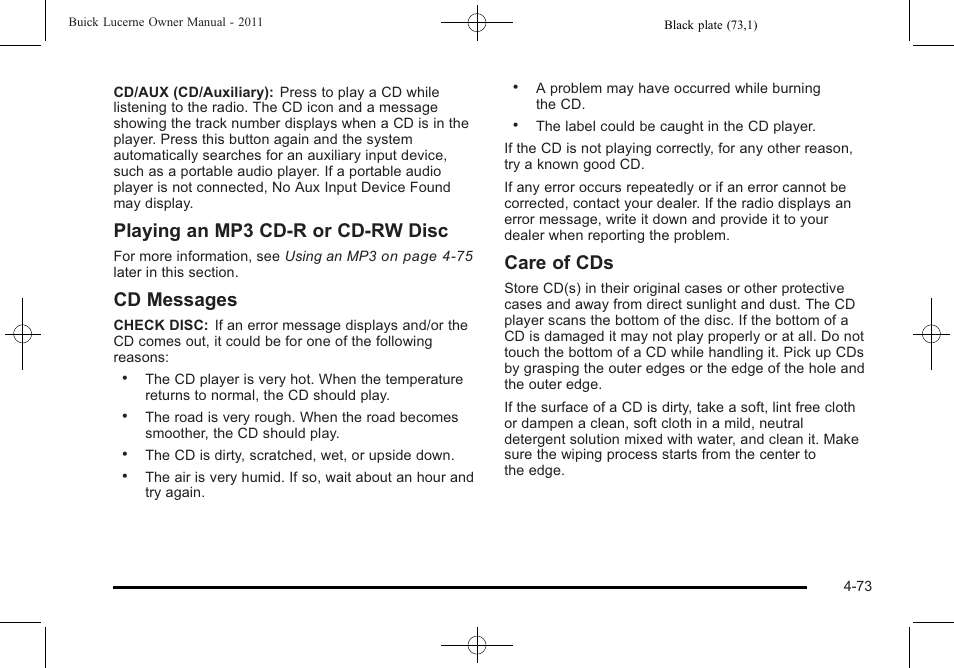 Playing an mp3 cd-r or cd-rw disc, Cd messages, Care of cds | Buick 2011 Lucerne User Manual | Page 229 / 446