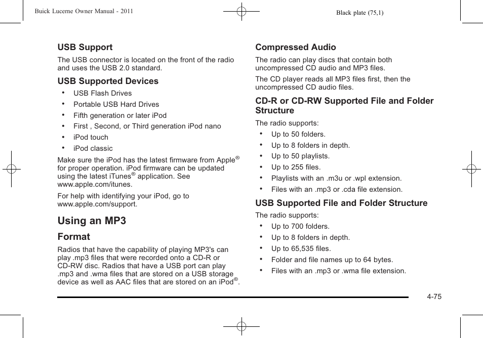 Using an mp3, Using an mp3 -75, Format | Usb support, Usb supported devices, Compressed audio, Cd‐r or cd‐rw supported file and folder structure, Usb supported file and folder structure | Buick 2011 Lucerne User Manual | Page 231 / 446