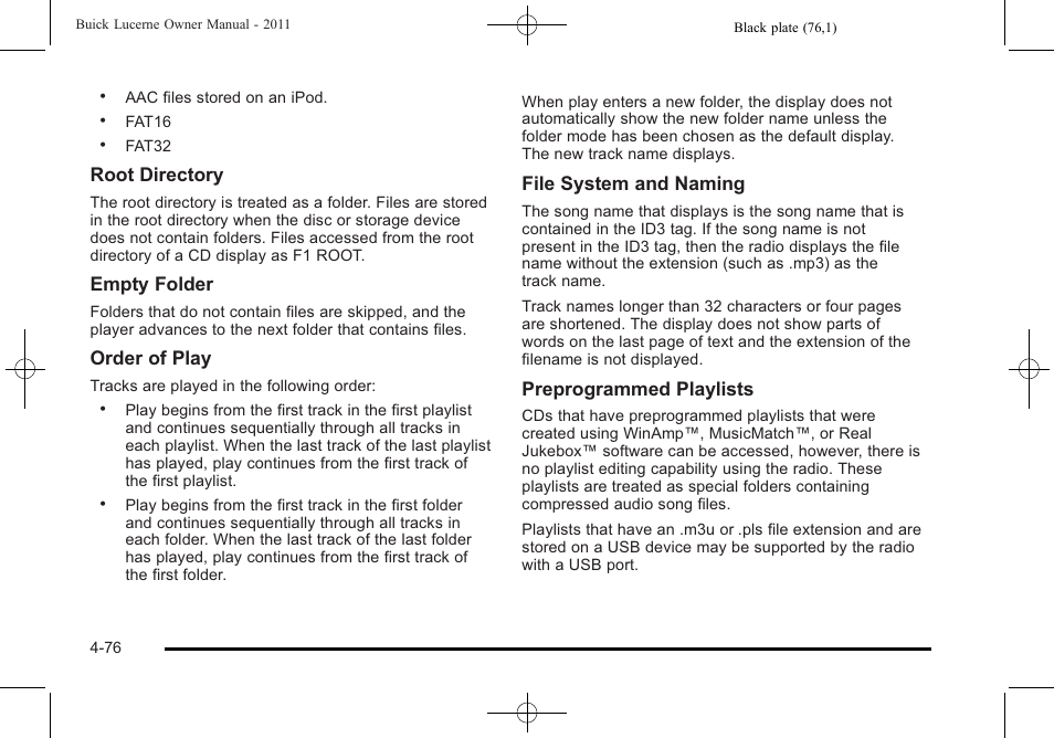 Root directory, Empty folder, Order of play | File system and naming, Preprogrammed playlists | Buick 2011 Lucerne User Manual | Page 232 / 446