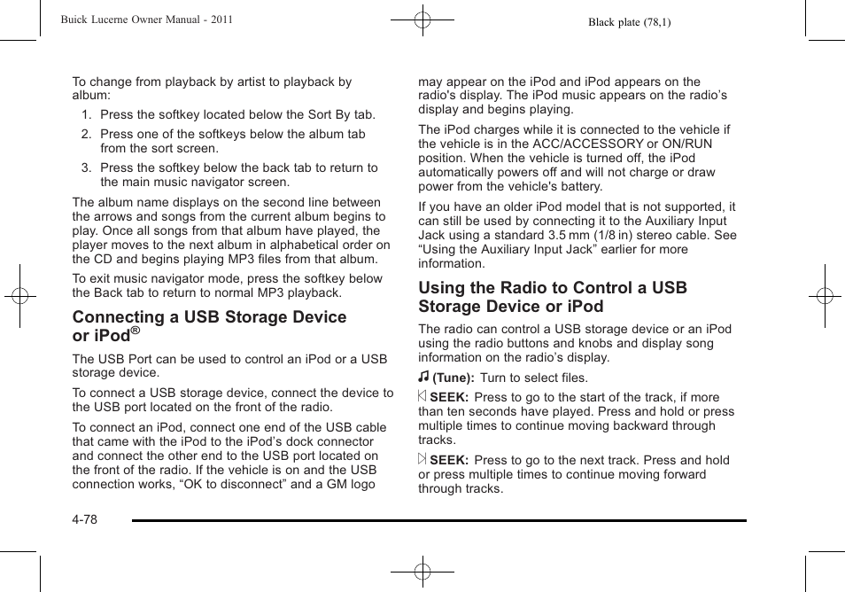 Connecting a usb storage device or ipod | Buick 2011 Lucerne User Manual | Page 234 / 446