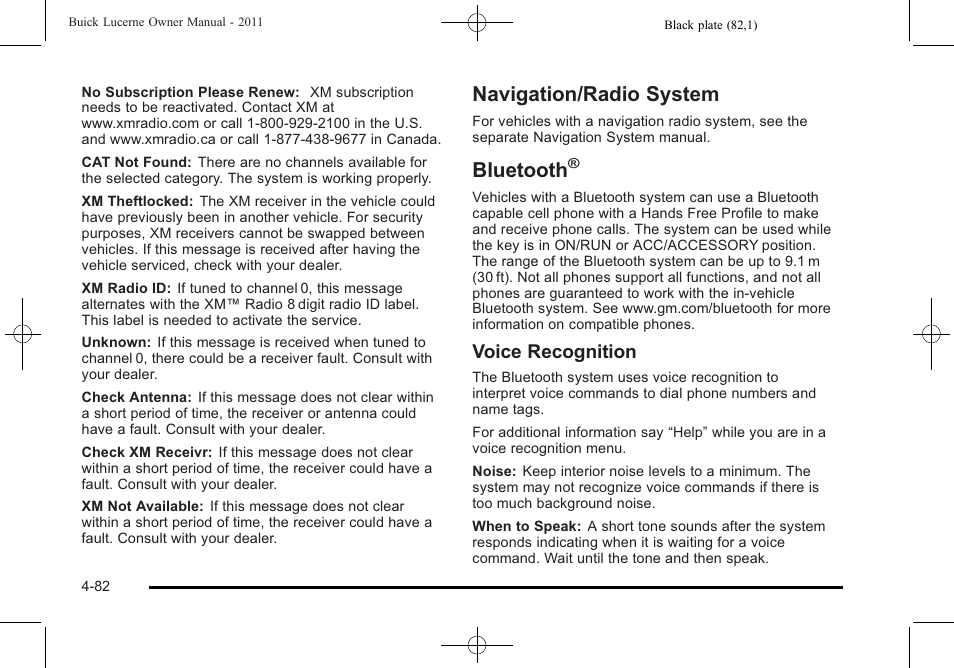 Navigation/radio system, Bluetooth, Navigation/radio system -82 bluetooth | Voice recognition | Buick 2011 Lucerne User Manual | Page 238 / 446
