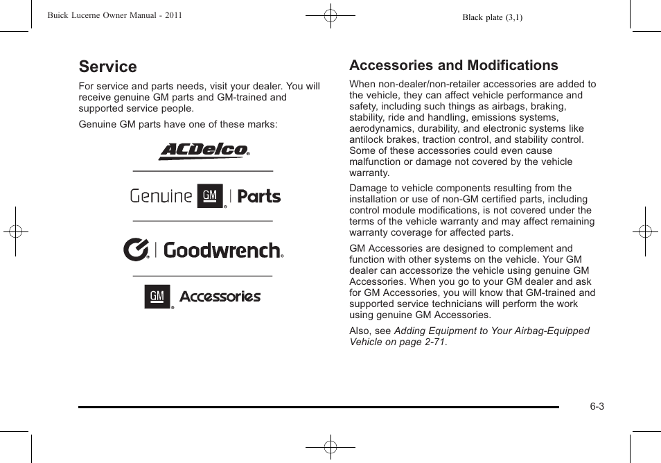 Service, Accessories and modifications, Service -3 | Customer, Accessories and modifications -3 | Buick 2011 Lucerne User Manual | Page 285 / 446