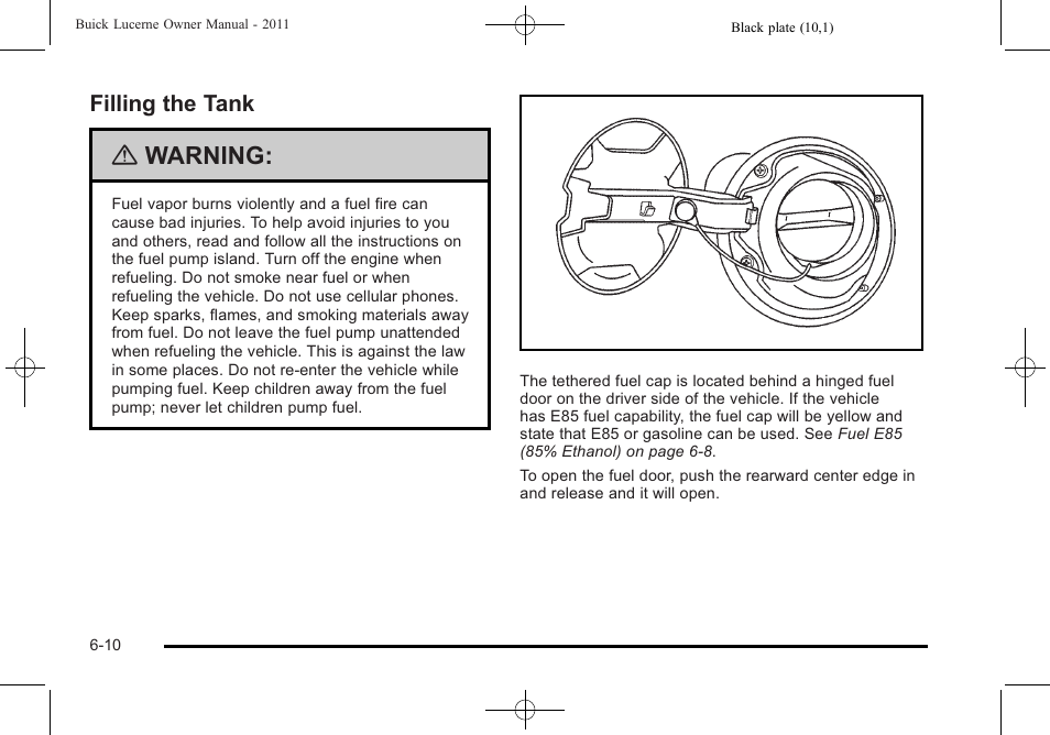 Filling the tank, Filling the tank -10, Warning | Buick 2011 Lucerne User Manual | Page 292 / 446