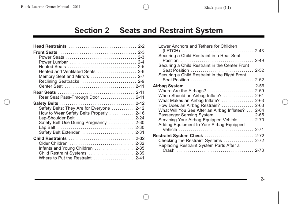 Seats and restraint system, Seats and restraint system -1 | Buick 2011 Lucerne User Manual | Page 33 / 446