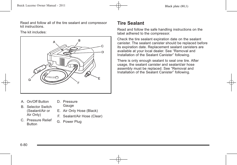 Tire sealant | Buick 2011 Lucerne User Manual | Page 362 / 446