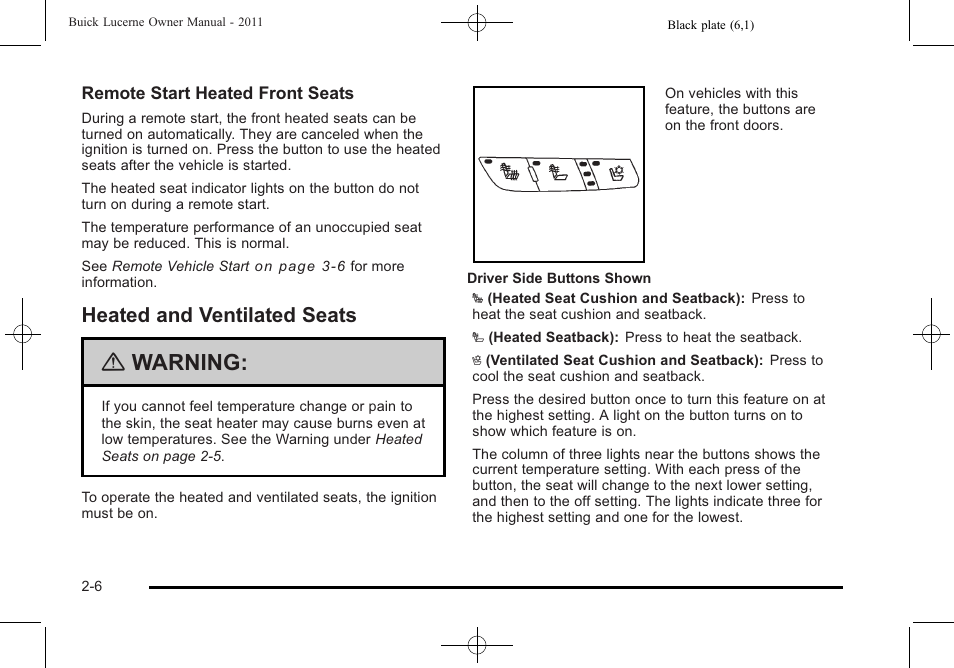 Heated and ventilated seats, Heated and ventilated seats -6, Warning | Buick 2011 Lucerne User Manual | Page 38 / 446