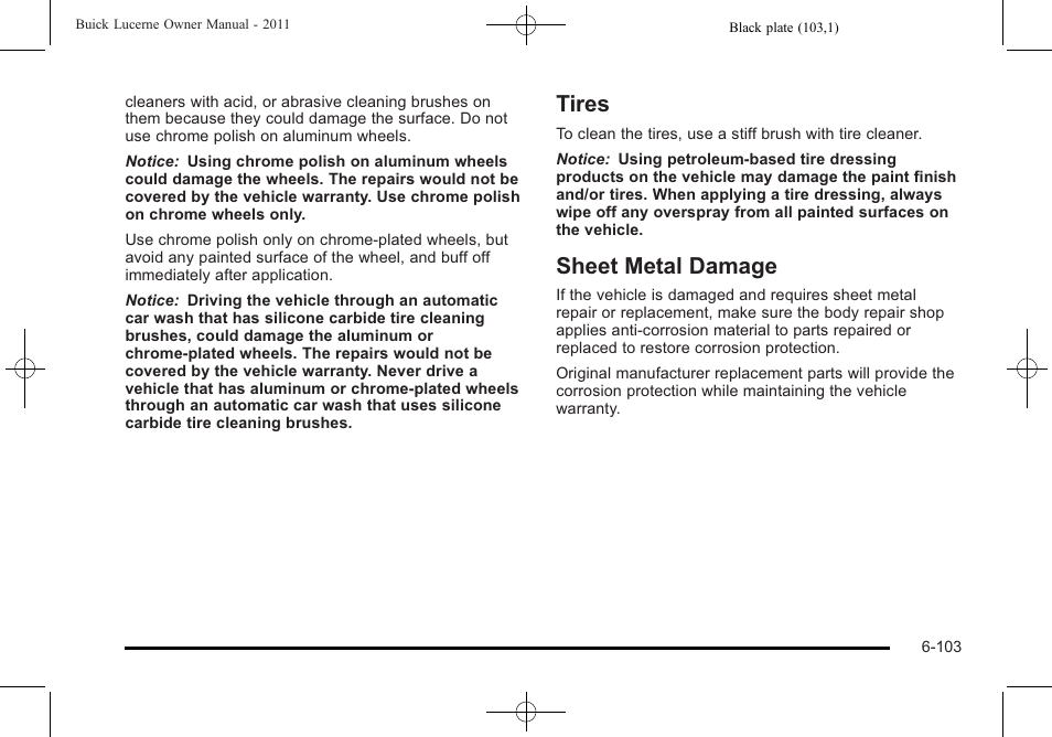 Tires, Sheet metal damage, Tires -103 | Metal damage -103 | Buick 2011 Lucerne User Manual | Page 385 / 446