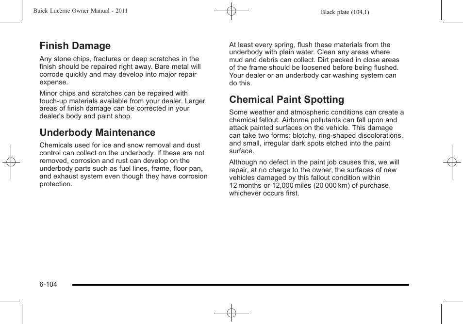 Finish damage, Underbody maintenance, Chemical paint spotting | Buick 2011 Lucerne User Manual | Page 386 / 446