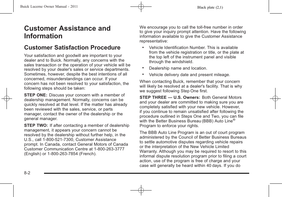 Customer assistance and information, Customer satisfaction procedure, Assistance and information -2 | Customer assistance and information -2, Customer satisfaction procedure -2 | Buick 2011 Lucerne User Manual | Page 414 / 446