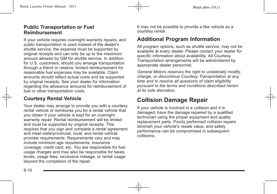 Collision damage repair, Collision damage repair -10, Navigation | Additional program information | Buick 2011 Lucerne User Manual | Page 422 / 446