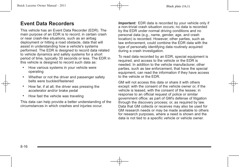 Event data recorders, Event data recorders -16 | Buick 2011 Lucerne User Manual | Page 428 / 446