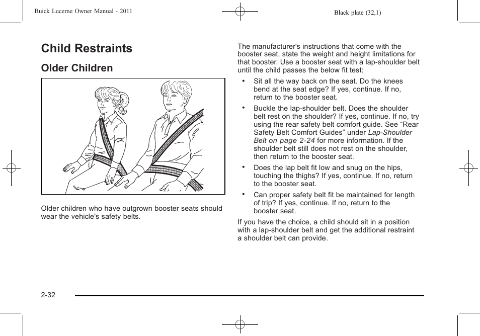 Child restraints, Older children, Child restraints -32 | Older children -32 | Buick 2011 Lucerne User Manual | Page 64 / 446