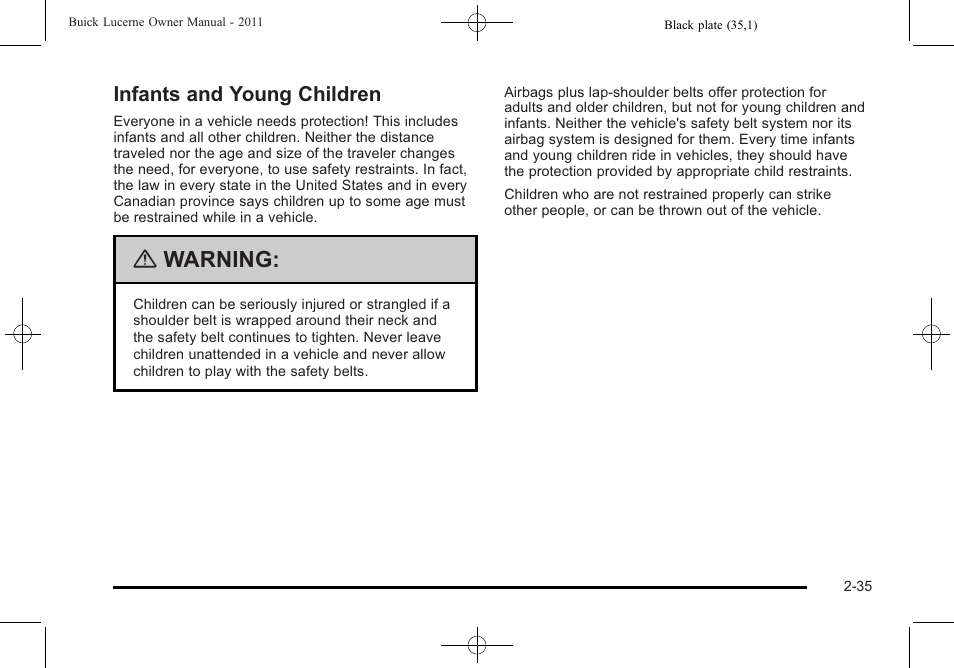 Infants and young children, Infants and young children -35, Warning | Buick 2011 Lucerne User Manual | Page 67 / 446