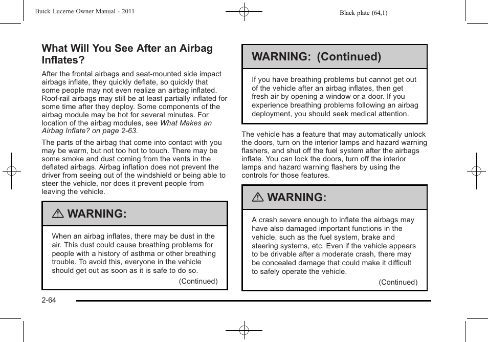What will you see after an airbag inflates, What will you see after an airbag inflates? -64, Warning | Warning: (continued) | Buick 2011 Lucerne User Manual | Page 96 / 446