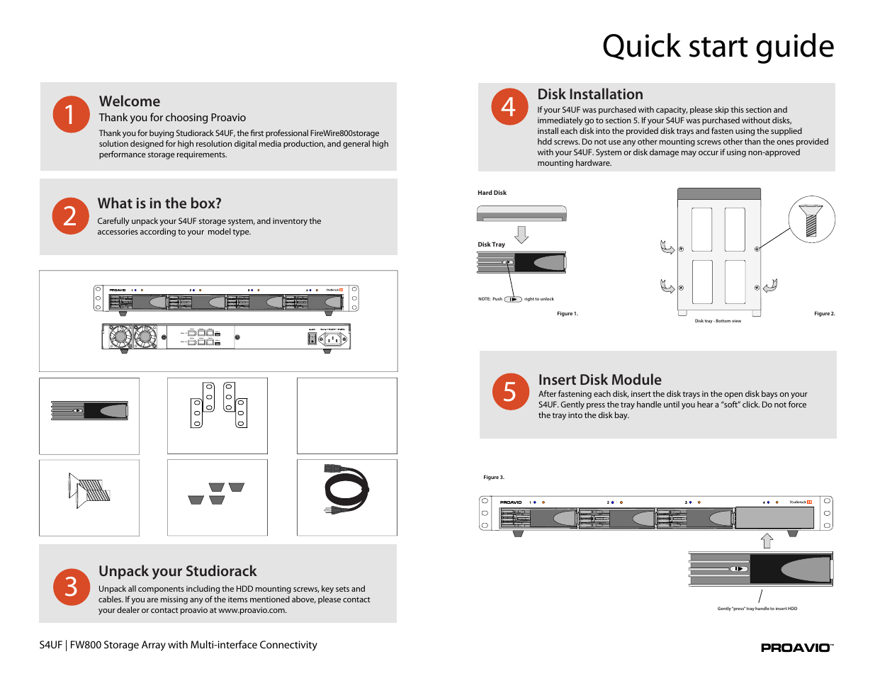 S4uf, Quick start guide, What is in the box | Unpack your studiorack welcome, Disk installation, Insert disk module | Proavio S4UF User Manual | Page 2 / 5