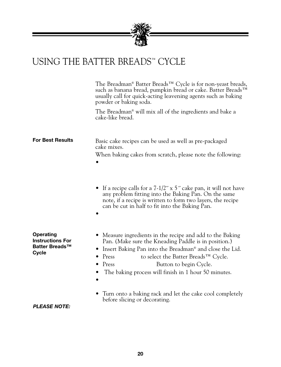 Using the batter breads, Cycle | Breadman BREAD BAKER  TR845 User Manual | Page 22 / 53