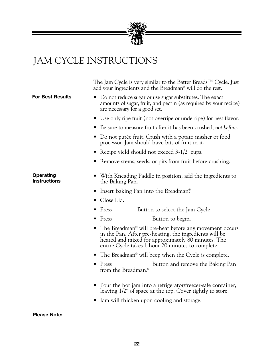 Jam cycle instructions | Breadman BREAD BAKER  TR845 User Manual | Page 24 / 53